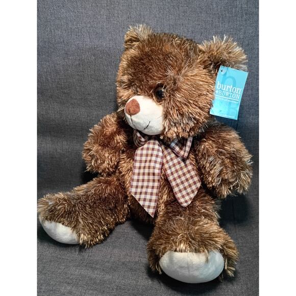 Burton & Burton Brown Fluffy Plush Stuffed Teddy Bear Plaid Bow 15" New with Tag - Picture 2 of 6